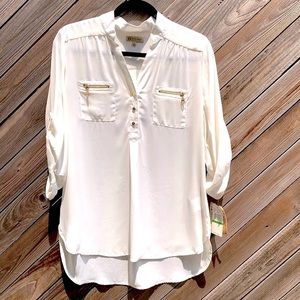 Democracy white top with brass gold zips & buttons. New!